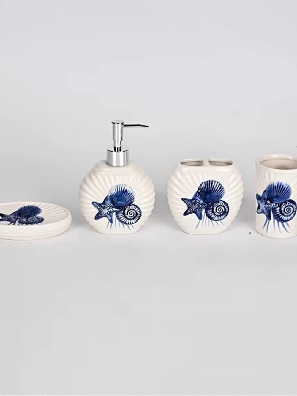 🆕 Ceramic Navy Shell 4-Piece Bath Accessory Set